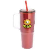 Super Mario Trinkflasche Trinkbecher mit Strohhalm und Henkel Doppelwandig 860 ml, Auslaufsicher