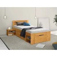 OTTO home Massivholzbett "HANNES " mit Schubladen und Regalen, Nachtschrank ausziehbar, stabil, FSC®-zertifiziertes Kiefernholz, ideal für kleine Räume