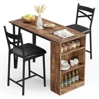 GarveeMore Essgruppe Esstisch Klappbar mit 2 Stühlen für Küche & Esszimmer, Bartisch,Ktichen Tisch mit 2 Gepolsterter Sitz und 3 Ablagen