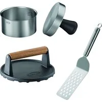 RÖSLE Burgerpresse Barbecue Burger Set All-In-One, Edelstahl 18/10, Gusseisen, 3-tlg., Burgerpresse PRO, BBQ-Gewicht und Burger Wender