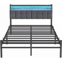 VASAGLE Bettgestell mit Kopfteil, Bett mit Stauraum und LED Beleuchtung, Steckdosen, Metallbett, 140 x 200 cm, Mattes Schwarz, für Schlafzimmer