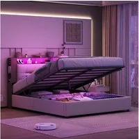 PXloue Polsterbett LED hydraulisches Doppelbett (Kopfteil mit integrierter kabelloser Ladefunktion), Boxspringbett, mit Stauraum und integrierter Beleuchtung,140x200 cm