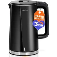 Aigostar Wasserkocher Edelstahl Doppelwand Design Elektrischer Wasserkocher BPA frei Schwarz, 1.7 l, 2200,00 W, Edelstahl, Doppelwand Design, Schnelles Erhitzen