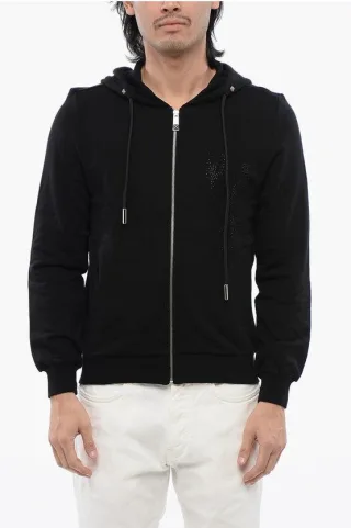 Kapuzenpullover aus gebürsteter Baumwolle mit Reißverschluss und Strass-Tribal in Schwarz