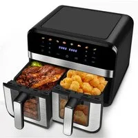 oyajia Heißluftfritteuse 9L Heißluftfritteuse RA930DSV XXL, 2 separat gesteuerte Garkammern, 2800,00 W, Touch Display, Sichtfenster, 8 Automatikprogramme/je 4,5 l pro Korb