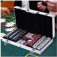 HOMCOM Spiel Pokerkoffer abschließbar Pokerset mit Koffer 300 Chips 5 Würfel, Familienspiel, Gesellschaftsspiel, Alu+Polystyrol 38 x 20,5 x 6,5 cm