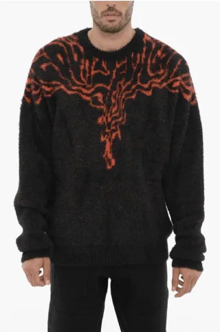 Rundhalspullover aus Nylon mit Kontraststickerei in Nero, Rosso