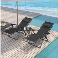 Outsunny Gartenliege mit Teetisch, 2 Stühle, Kopfkissen, aus Metall, 3-TLG. Sonnenliege, 1 St., wetterfest Relaxliege, für Garten, Terrasse, 90 x 56 x 110 cm, Schwarz