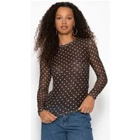 SASSYCLASSY Langarmshirt Mesh Langarmshirt mit Punkten für Damen Anliegendes Shirt aus Mesh mit gefütterter Vorderseite Beige Schwarz