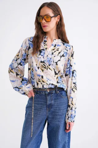 Bluse mit floralem Druck und langen Ärmeln im Mandarin-Kragen-Stil