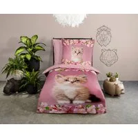 good morning Kinderbettwäsche Century, Renforcé, 2 teilig, Baumwolle, 135x200, Reißverschluss, Wende, Kind, Mädchen, Katze, Rosa