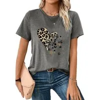 PYLIKE Kurzarmshirt Damen bequemes Sommer Kurzarmbluse Locker Leopardenherz Print-Shirt Bequem für Freizeit und Büro