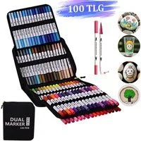 MOPUEA Filzstift 100 Farben Dual Tip Marker Stifte Lackmarker Buntstift, (100-tlg., Doppeltipp-Stifte mit Aufbewahrungstasche), Pinselstifte Permanentmarker Filzstift, Handlettering