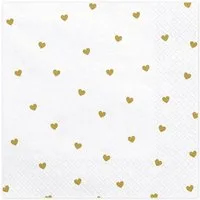 partydeco Papierserviette, Servietten Herzen 33x33cm 20 Stück, weiß / gold