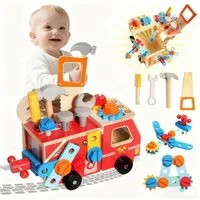 CLTYQ Lernspielzeug 33-teiliges Holz-Kinder-Werkzeug mit Feuerwehr-förmiger Box/Bank, Montessori,pädagogisches Vorschulspielzeug, Geschenke für Jahre alte