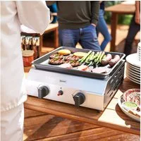 Outsunny Gasgrill Gasgrill, Grillwagen mit 2 Edelstahl-Brenner, verstellbare Beine, BBQ Gartengrill, 8000BTU,2,4 KW Grillwagen, für Balkon, Camping-Grill, 44 x 44,5 x 19 cm