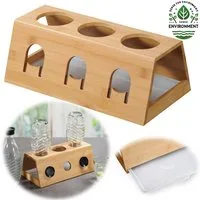 LS-LebenStil Flaschenhalter Holz Flaschenständer Bambus passend für 3 Sodastream Flaschen Abtropfs, (FSC Flaschenhalter - mit Abtropfwanne / Abtropfschale ausziehbar -, 1-St., 3-Fach Flaschenständer Abtropfständer Abtropfgestell), Ständer für Glasfla