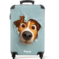NoBoringSuitcases.com© Kinderkoffer Brauner Hund durch zerrissenes blaues Plastik 55x35x20cm, Kinder Koffer Klein, Trolley Handgepäck, Reisekoffer