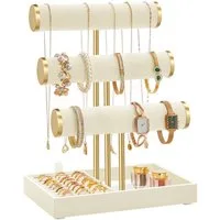 SONGMICS Schmuckständer Schmuckständer, 3 Armbandhalter, Schmuck-Organizer, mit Tablett aus Samt, abnehmbarer Ringhalter