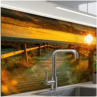 KitchenYeah Küchenrückwand selbstklebend Sonne - Strand - Düne - Horizont - Gras - Weg - Orange, (1-tlg), Spritzschutz, Küche, Rückwand, Küchenwand, Küchenfront, 80x60 cm