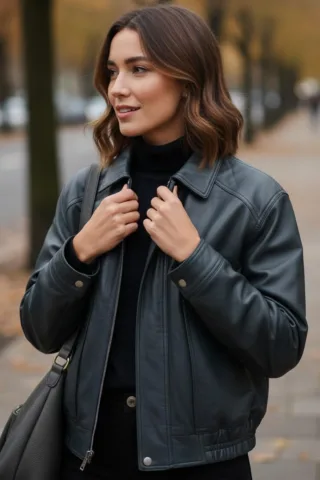 Damen Navy Leder Biker Blouson Bomber Oversized Jacke – Moon