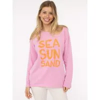 Zwillingsherz Sweater "Sea Sand Sun" Flock-Print, ausgefranster Rundhalsausschnitt, Langarm
