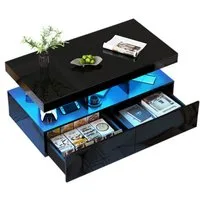 FUROKOY Couchtisch Modern Wohnzimmertisch Hochglanz (Set, 1-St., Beistelltisch mit 2 Schubladen und Offenem Ausstellungsregal), Sofatisch Kaffeetisch, 104 x 53 x 46cm, Schwarz