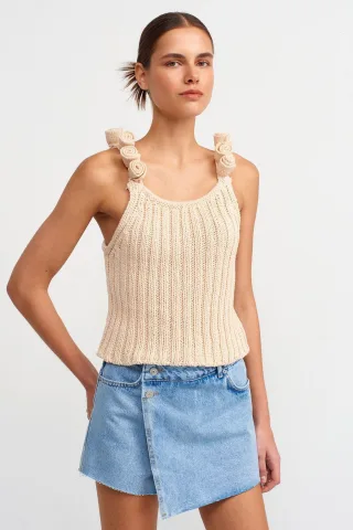 Scoop-Neck-Strick-Ripp-Ärmelloses Top mit Blumen-Dekor