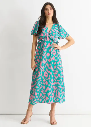 Grünes Midikleid mit Tiermotiv und gerafftem V