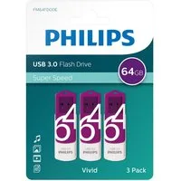 Philips FM64FD00E/00 USB-Stick (USB 3.0, Lesegeschwindigkeit 100,00 MB/s, Vivid Edition, 64 GB, USB 3.0, LED, Schutzkappe, 3er Pack)
