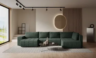 Wohnlandschaft Schlafsofa ARMANDA in Stoff Blur Grün langer Schenkel Rechts