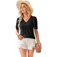 Arach&Cloz Kurzarmpullover Damen Kurzarmpullover V-Ausschnitt-Pullover Sommer Frühling Bluse Strickpullover Basic Oberteile Strick Tops