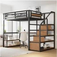 Flieks Hochbett Metallbett 140x200cm mit Stauraumtreppe, Regale und Schreibtisch