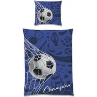 Familando Kinderbettwäsche Fußball, Set 135x200 80x80 cm, 100% Baumwolle, Reißverschluss, Renforcé, 2 teilig, mit Schriftzug und Wendeseite