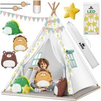 KIDIZ Spielzelt Tipi Zelt für Kinder aus Baumwolle 100x100x160cm Kinderzelt (LED-Lichterkette, Leuchtstern, Girlande, 3 Plüschtiere, Matte & Tasche) Spielhaus für drinnen & draußen Tipizelt