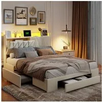 Furnishings Home Polsterbett Stauraumbett LED Doppelbett inkl. LED + Nachttisch (USB + Type-C und 2 Stecker, Drei extra große Schubladen), Mit LED-Beleuchtung, Ladefunktion, Samt, 160x200 cm