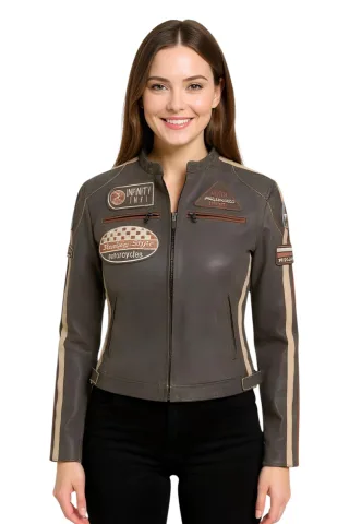 Damen Vintage Hellbraune Lederjacke mit Rennabzeichen, Dalby