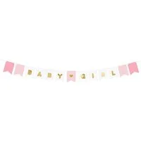 partydeco Wimpelkette, Girlande Banner Baby Girl 15x175cm weiß / rosa