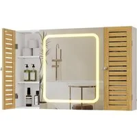MSMASK Spiegelschrank mit LED-Beleuchtung und Steckdose, Badezimmerschrank (1-St) mit 2 Bambustür & Verstellbarer Ablage, 90×16×60 cm