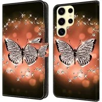 CLM-Tech Handytasche für Samsung Galaxy S26 Ultra Klapphülle aus PU-Leder (Schmetterling Diamanten Muster, 1-tlg., Flip Case), Magnetverschluss, Standfunktion und Kartenfächer