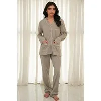 SNOOZE OFF Pyjama Damen Schlafanzug in Taupe mit Kontrastpaspel aus 100 % Baumwolle (2 tlg., 1 Stück) Langarm Schlafanzug mit Hemd & langer Hose