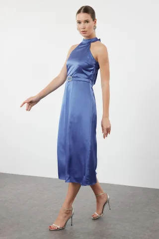 Damen Blau Unifarben Midi Ärmelloses Figurbetontes Abschluss- / Ballkleid