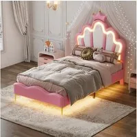Flieks Polsterbett, LED Kinderbett Einzelbett mit krone-Form Prinzessinnenbett 90x200cm
