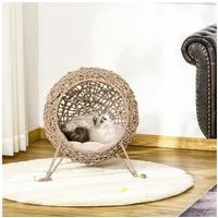 PawHut Tierhaus Katzenhöhle aus PE-Rattan mit Kissen, erhöhten Füßen, für Katzen, Naturholz