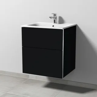 Sanipa 3way Waschtischunterbau zu Geberit Renova Plan Slim Waschtisch mit 2 Auszügen, Schwarz-Matt BS68508