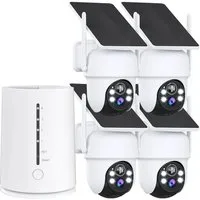 Topcony Überwachungskamera 4MP FHD Überwachungskamera Set Aussen Solar/Akku mit Basisstation (Innenbereich, Außenbereich, 100% Kabellos Eingebettetes Solarpanel,Kinderleichte Installation, 360° Schwenkbar, Farbige Nachtsicht mit Flutlicht, 4CH Basiss