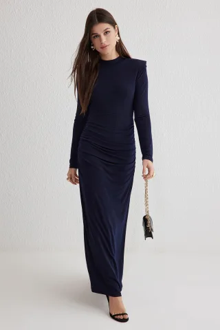 Damen marineblaues, schlichtes Maxikleid, lang, elegant/abendtauglich, dezent