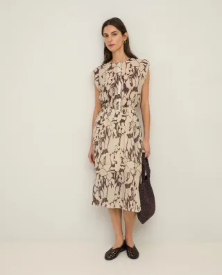 yerse - Ärmelloses Midikleid mit Allover-Muster und Rüschen beige/braun - Gr. - S