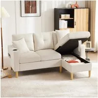 Merax 3-Sitzer Ecksofa Eckcouch in L-Form Eckgarnitur, L-förmiges Sofa aus Baumwoll- und Leinenstoff, 175*129*90cm 1 Teile, 3-Sitzer-Sofa mit integriertem Stauraum, Getränkehaltern und 2 Kissen
