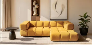 Ecksofa Designersofa BLANCHE in Stoff Bluvel Goldgelb Ottomane Rechts